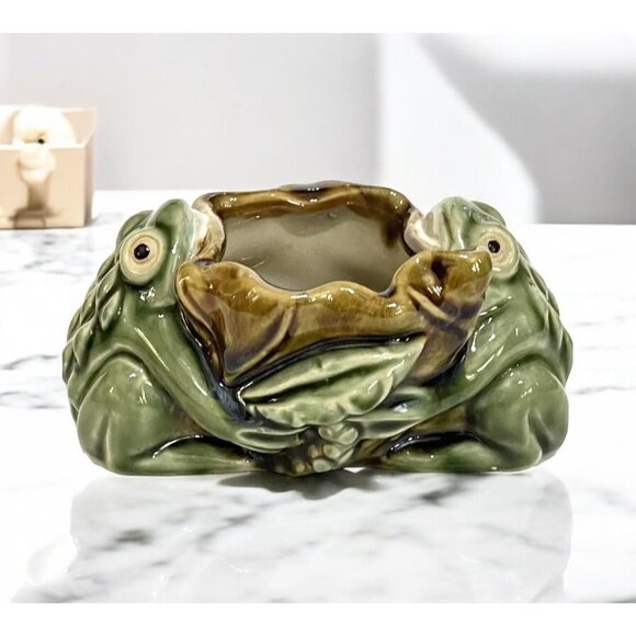 Vintage Majolica Frog Art Pottery Planter Ashtray Water Lily Green - Picture 1 of 7